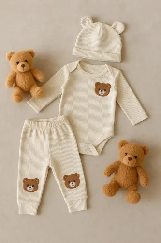 3'lü krem ayıcık nakışlı pamuk kumaş bebek takımı-Ekru3lümnbrd - 4