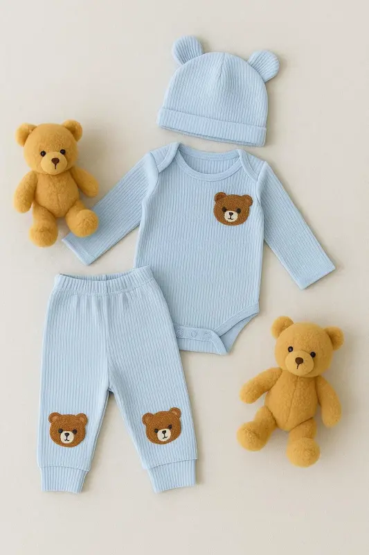 3'lü Mavi ayıcık nakışlı pamuk kumaş bebek takımı-Mavi3lümnbrd - 5