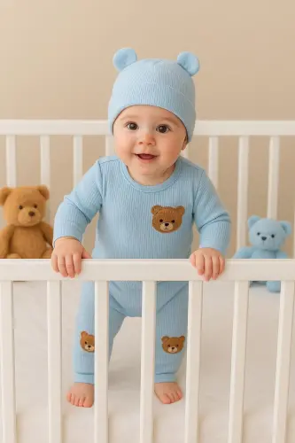 3'lü Mavi ayıcık nakışlı pamuk kumaş bebek takımı-Mavi3lümnbrd - ANNE DOKUNUŞU GIBI KUZUM BEBE (1)