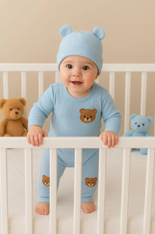 3'lü Mavi ayıcık nakışlı pamuk kumaş bebek takımı-Mavi3lümnbrd - 2