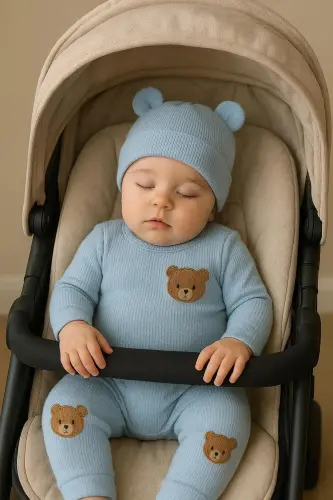 3'lü Mavi ayıcık nakışlı pamuk kumaş bebek takımı-Mavi3lümnbrd - 1