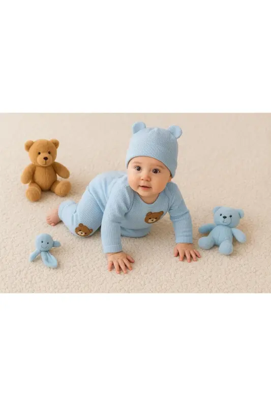 3'lü Mavi ayıcık nakışlı pamuk kumaş bebek takımı-Mavi3lümnbrd - 3