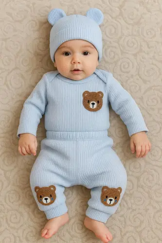 3'lü Mavi ayıcık nakışlı pamuk kumaş bebek takımı-Mavi3lümnbrd - 4