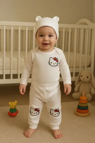 3'lü Nakışlı Pamuk Kız Bebek Body Takım - Ekru3lükız 