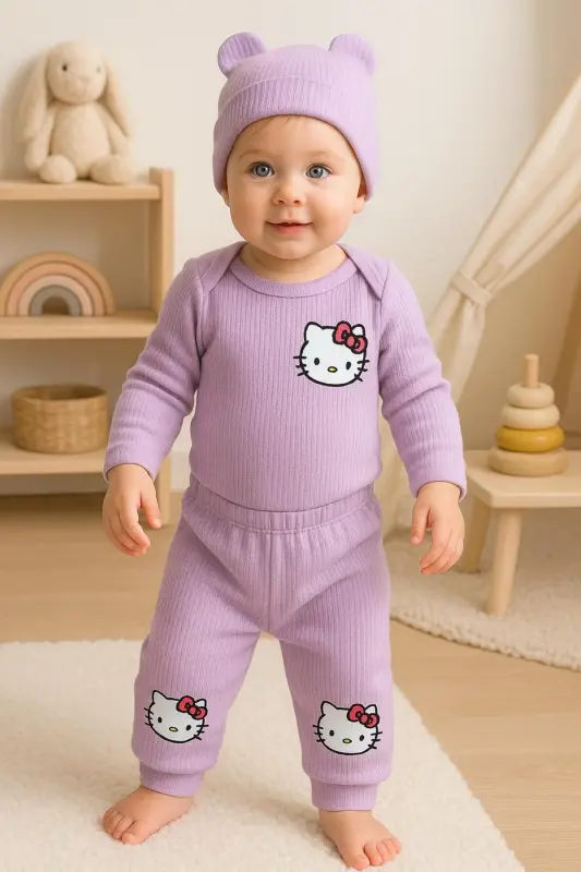 3'lü Nakışlı Pamuk Kız Bebek Body Takım-Morlila3lükız - ANNE DOKUNUŞU GIBI KUZUM BEBE