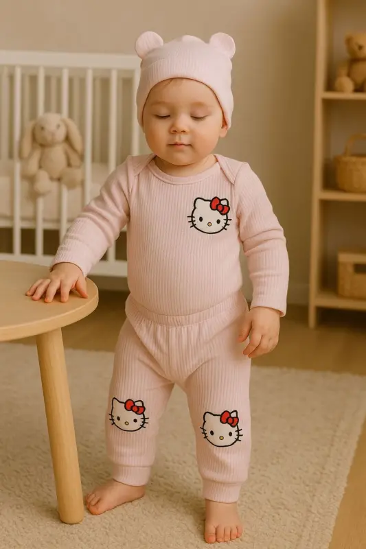 3'lü Nakışlı Pamuk Kız Bebek Body Takım-Pembe3lükız - 3