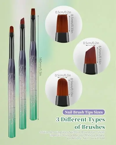 3PCS Nail Polish Clean Up Brush, Round&Falt&Angled Acetone Resistant Nail Brush for OPI Nail Polish Remover, Fingernail Cleaning Brushes at Home Nail Art and Designs(Gilded Green) - 6