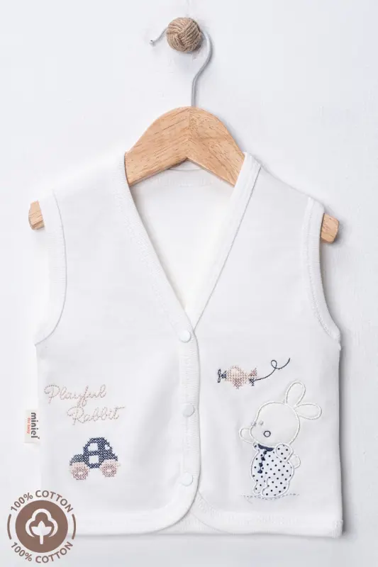 Unisex Bebek Kanaviçe Tavşan Nakışlı Organik Pamuklu 3-6-9 Ay 3Lü Penye Bebek Yelek Set - MAVİ - 5