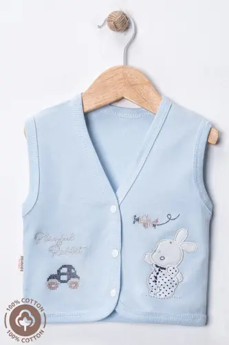 Unisex Bebek Kanaviçe Tavşan Nakışlı Organik Pamuklu 3-6-9 Ay 3Lü Penye Bebek Yelek Set - MAVİ - 7