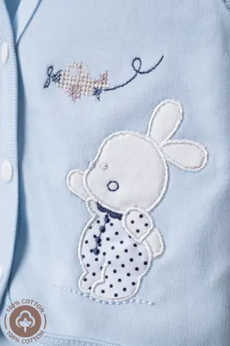 Unisex Bebek Kanaviçe Tavşan Nakışlı Organik Pamuklu 3-6-9 Ay 3Lü Penye Bebek Yelek Set - MAVİ - 8