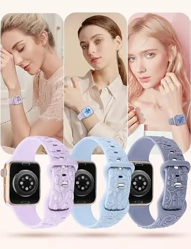 3 Pack 3D Floral Embossed Bands Compatible with Apple Watch Band 38/40/41/42/44/45/46/49mm Women, Engraved Soft Silicone Flower Cute Dressy Straps for iWatch Series 10/9/SE/Ultra/8/7/6/5/4/3/2/1 - 6