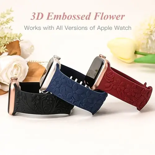 3 Pack 3D Floral Embossed Bands Compatible with Apple Watch Band 38/40/41/42/44/45/46/49mm Women, Engraved Soft Silicone Flower Cute Dressy Straps for iWatch Series 10/9/SE/Ultra/8/7/6/5/4/3/2/1 - 3