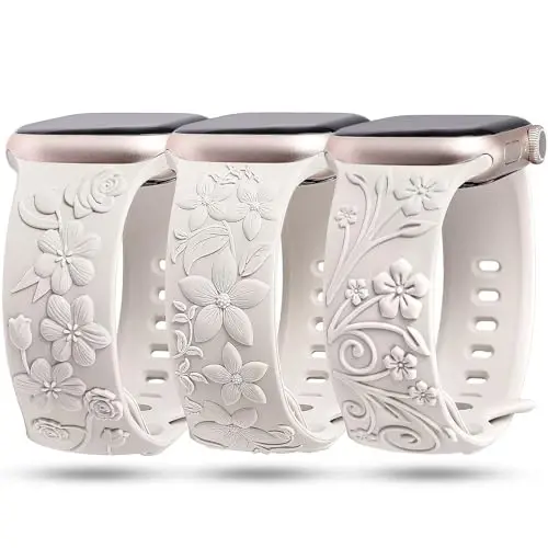 3 Pack 3D Floral Embossed Bands Compatible with Apple Watch Band 38/40/41/42/44/45/46/49mm Women, Engraved Soft Silicone Flower Cute Dressy Straps for iWatch Series 10/9/SE/Ultra/8/7/6/5/4/3/2/1 