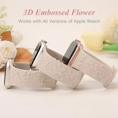 3 Pack 3D Floral Bands Compatible with Apple Watch Bands 38/40/41/42/44/45/46/49mm Women, Engraved Soft Silicone Flower Dressy Straps for iWatch Series 11/10/9/8/7/6/5/4/SE Ultra 3/2/1 - 3