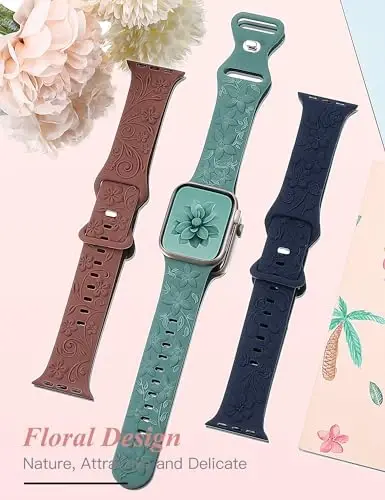 3 Pack 3D Floral Embossed Bands Compatible with Apple Watch Band 38/40/41/42/44/45/46/49mm Women, Engraved Soft Silicone Flower Cute Dressy Straps for iWatch Series 10/9/SE/Ultra/8/7/6/5/4/3/2/1 - 3 (1)