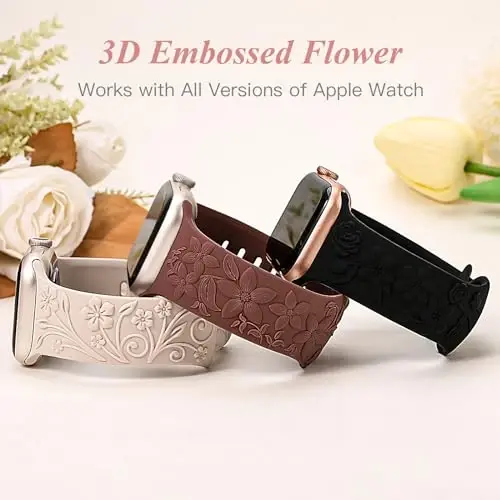 3 Pack 3D Floral Embossed Bands Compatible with Apple Watch Band 38/40/41/42/44/45/46/49mm Women, Engraved Soft Silicone Flower Cute Dressy Straps for iWatch Series 10/9/SE/Ultra/8/7/6/5/4/3/2/1 - 3
