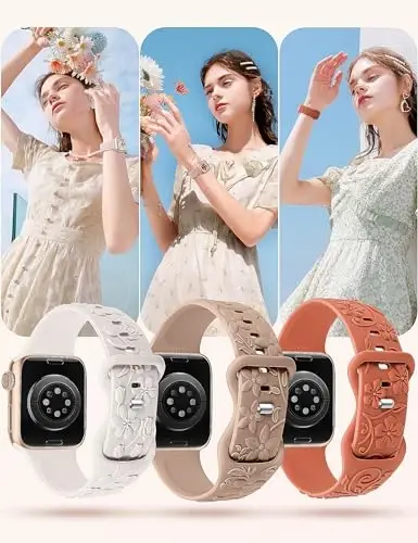 3 Pack 3D Floral Bands Compatible with Apple Watch Bands 38/40/41/42/44/45/46/49mm Women, Engraved Soft Silicone Flower Dressy Straps for iWatch Series 11/10/9/8/7/6/5/4/SE Ultra 3/2/1 - TOYOUTHS (1)