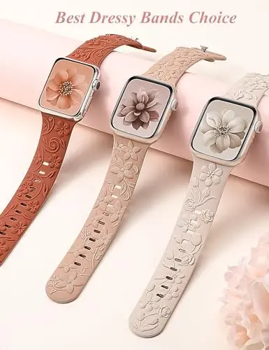 3 Pack 3D Floral Embossed Bands Compatible with Apple Watch Band 38/40/41/42/44/45/46/49mm Women, Engraved Soft Silicone Flower Cute Dressy Straps for iWatch Series 10/9/SE/Ultra/8/7/6/5/4/3/2/1 - MODAZONE