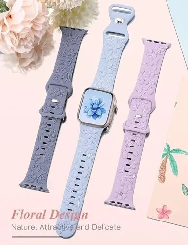 3 Pack 3D Floral Embossed Bands Compatible with Apple Watch Band 38/40/41/42/44/45/46/49mm Women, Engraved Soft Silicone Flower Cute Dressy Straps for iWatch Series 10/9/SE/Ultra/8/7/6/5/4/3/2/1 - 2