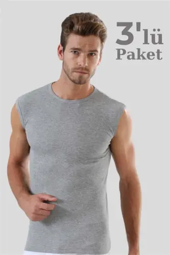 3'lü Paket Gri Kolsuz Erkek Atlet Yuvarlak Yaka Sıfır Kol Tişört %100 Pamuklu - 3