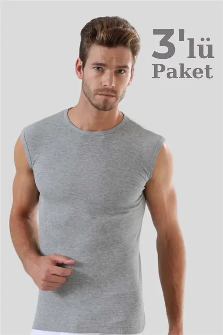3'lü Paket Gri Kolsuz Erkek Atlet Yuvarlak Yaka Sıfır Kol Tişört %100 Pamuklu - 3