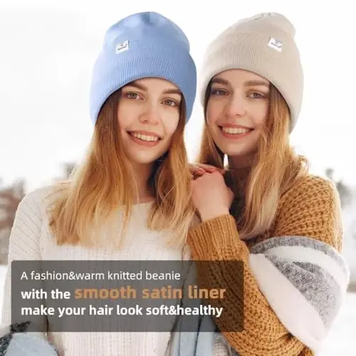 3 Pack Satin Lined Winter Beanie Hats for Women Men,Silk Lined Womens Beanies Knit Soft Warm Cuffed Hat - 6