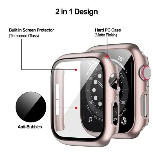 3 Pack Hard PC Case Compatible with Apple Watch Series 3/2/1 38mm, BHARVEST Case with Tempered Glass Screen Protector Overall Bubble-Free Cover for iWatch Accessories, Black+White+Rose Gold - 4