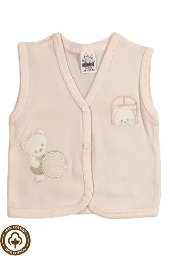 Unisex Bebek Toplu Ayıcık Nakışlı Organik Pamuklu 3-6-9 Ay 3Lü Penye Bebek Yelek Set-PEMBE - Miniel (1)
