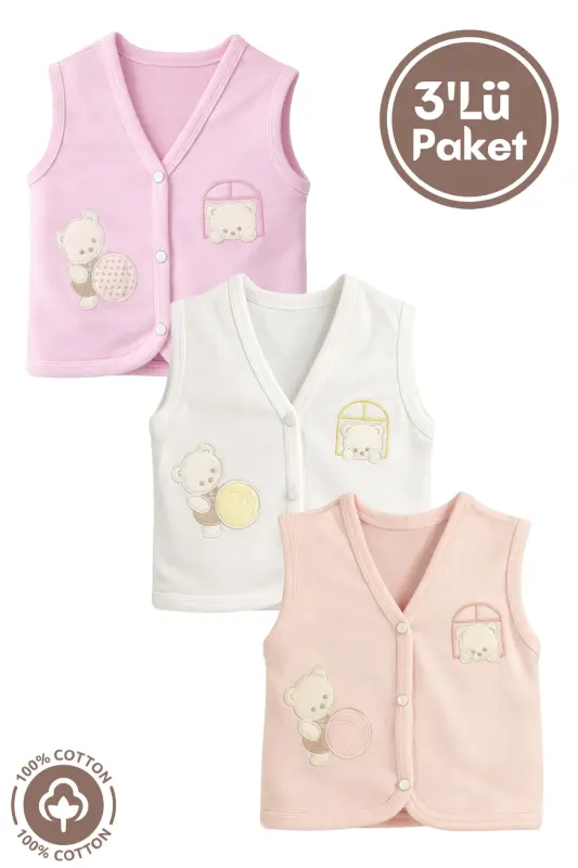 Unisex Bebek Toplu Ayıcık Nakışlı Organik Pamuklu 3-6-9 Ay 3Lü Penye Bebek Yelek Set - PEMBE - 3