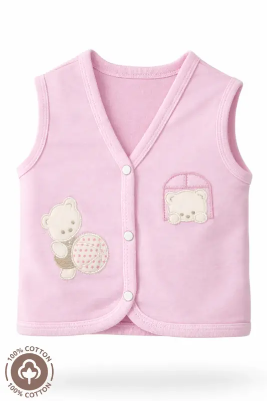 Unisex Bebek Toplu Ayıcık Nakışlı Organik Pamuklu 3-6-9 Ay 3Lü Penye Bebek Yelek Set - PEMBE - 4