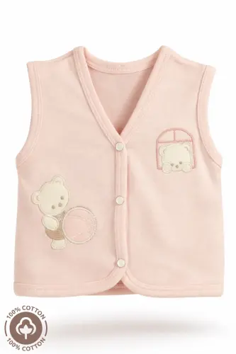 Unisex Bebek Toplu Ayıcık Nakışlı Organik Pamuklu 3-6-9 Ay 3Lü Penye Bebek Yelek Set - PEMBE - 5