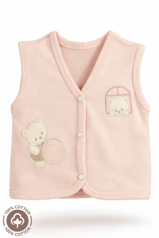 Unisex Bebek Toplu Ayıcık Nakışlı Organik Pamuklu 3-6-9 Ay 3Lü Penye Bebek Yelek Set - PEMBE - 5