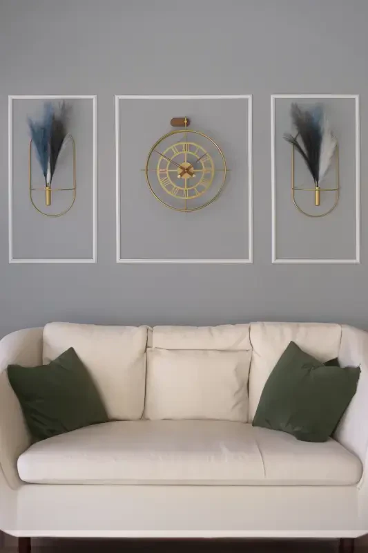 3'lü Romera Classic Exclusive Elegante Set, Modern Dekoratif Metal 3'lü Duvar Saati-3lüGold - 1