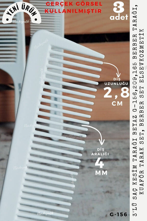 3'lü Saç Kesim Tarağı BEYAZ G-209,165,156 Berber Tarağı, Kuaför Tarak Set, Berber Set elsevkozmetik - 5