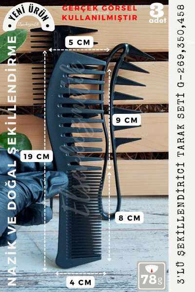 3'lü Saç Şekillendirici Tarak Seti, Wax Tarağı, Berber Tarak, Şekillendirici Saç Tarağı - 4
