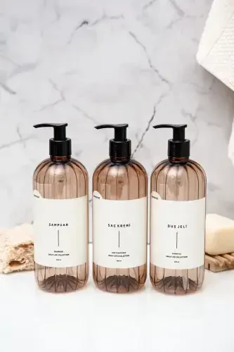 3'lü Şampuan Duş Jeli Saç Kremi Etiketli Plastik Şişe Banyo Seti Açık Kahverengi Sabunluk 500 ml-AÇIK KAHVERENGİ - 1