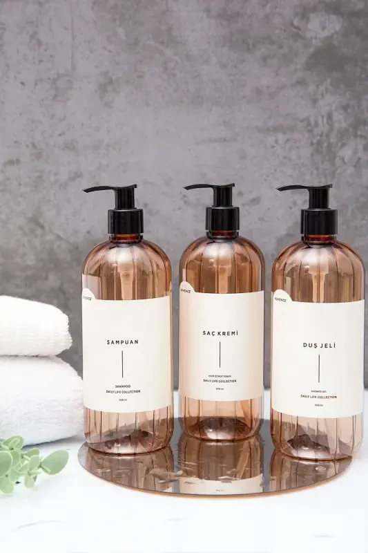 3'lü Şampuan Duş Jeli Saç Kremi Etiketli Plastik Şişe Banyo Seti Açık Kahverengi Sabunluk 500 ml-AÇIK KAHVERENGİ - 2