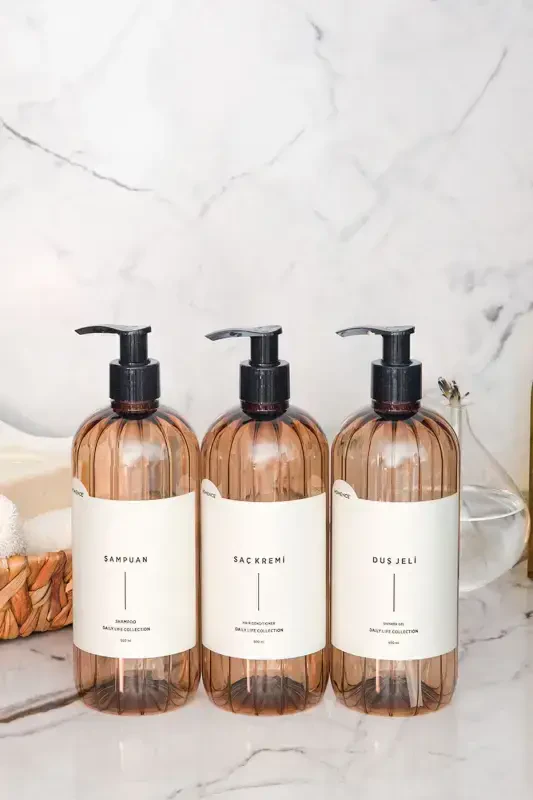 3'lü Şampuan Duş Jeli Saç Kremi Etiketli Plastik Şişe Banyo Seti Açık Kahverengi Sabunluk 500 ml-AÇIK KAHVERENGİ - 3