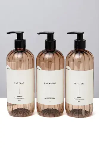 3'lü Şampuan Duş Jeli Saç Kremi Etiketli Plastik Şişe Banyo Seti Açık Kahverengi Sabunluk 500 ml-AÇIK KAHVERENGİ - 7