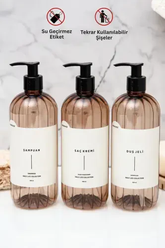 3'lü Şampuan Duş Jeli Saç Kremi Etiketli Plastik Şişe Banyo Seti Açık Kahverengi Sabunluk 500 ml-AÇIK KAHVERENGİ - 8