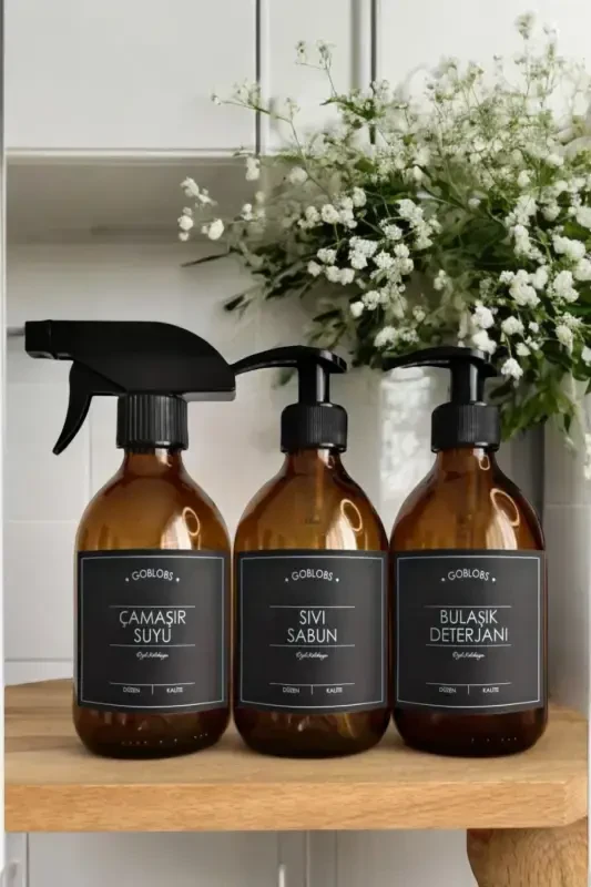 3'lü Set 300ml Amber Sprey Şişe Çamaşır Suyu & Sıvı Sabun & Bulaşık Deterjanı Siyah Etiketli-siyah(sprey çamaşır suyu sıvı sabun bulaşık) - GO BLOBS
