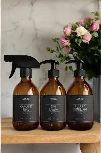 3'lü Set 300ml Amber Sprey Şişe Çamaşır Suyu & Sıvı Sabun & Bulaşık Deterjanı Siyah Etiketli-siyah(sprey çamaşır suyu sıvı sabun bulaşık) - GO BLOBS (1)