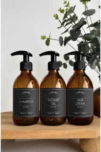3'lü Set 300ml Şişe Amber Etiketli Shampoo & Shower Gel & Hair Cream Siyah-siyah(shampoo shower gel hair cream) - 3