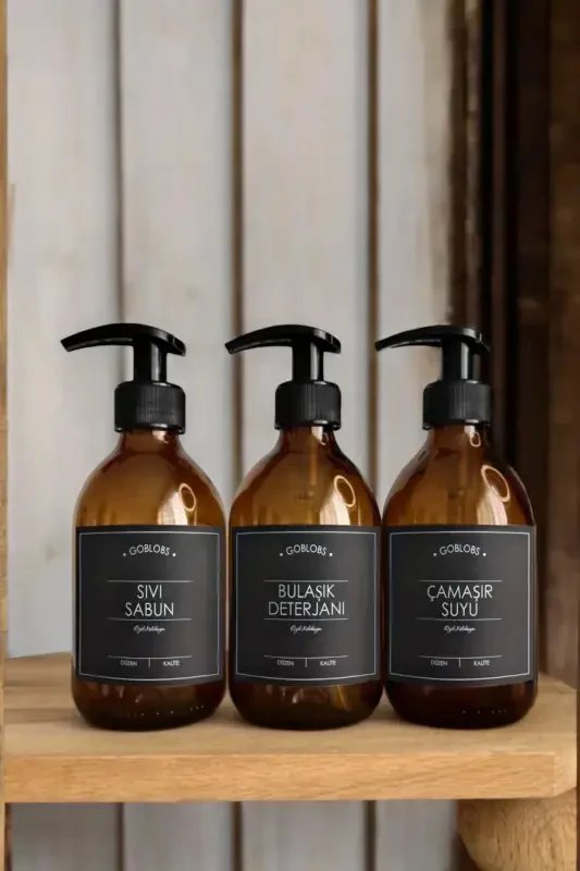 3'lü Set 300ml Siyah Etiketli Amber Şişe Sıvı Sabun & Bulaşık Deterjanı & Çamaşır Suyu-siyah(sıvı sabun bulaşık detarjanı çamaşır suyu) - 2