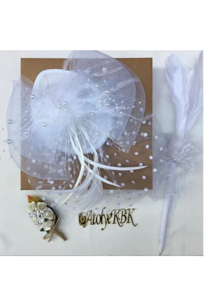 3'lü Set Beyaz Puantiyeli İncili Gelin Kepi Nikah Şapkası Vualet Damat Yaka Çiçeği Ve Tüylü Kalem - Modazone