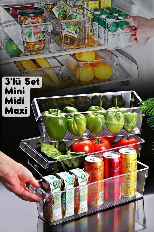 3'lü Set Boylu Şeffaf Buzdolabı & Dolap Içi Düzenleyici Organizer - 1