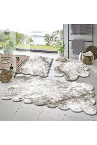 3'lü Set Kaymaz Taban Banyo Paspası Halısı 50x50 (yuvarlak papatya ) --50x60(LAZER)- -60x100 (LAZER)-Çizgili Kahvee 