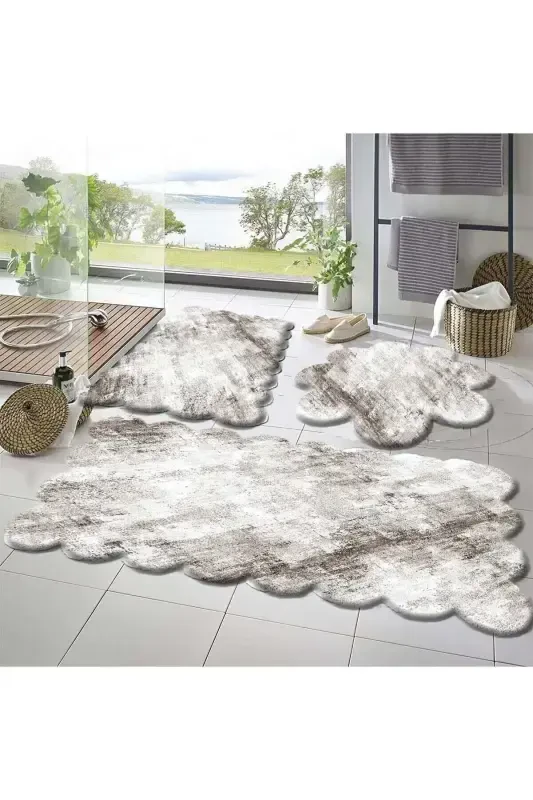 3'lü Set Kaymaz Taban Banyo Paspası Halısı 50x50 (yuvarlak papatya ) --50x60(LAZER)- -60x100 (LAZER)-Çizgili Kahvee - SARAR