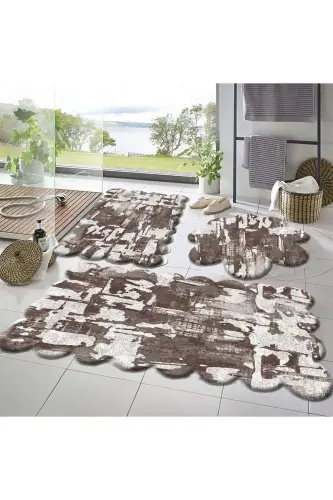 3'Lü Set Kaymaz Taban Banyo Paspası Halısı 50x50 (yuvarlak papatya ) --50x60(LAZER)- -60x100 (LAZER)-Geo Kahve 