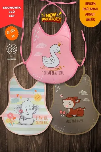 3'Lü Set Kız Baskılı Ekonomik Sıvı Geçirmez Armut Önlük Mama ve Aktivite Önlüğü(0-36 Ay) - 1
